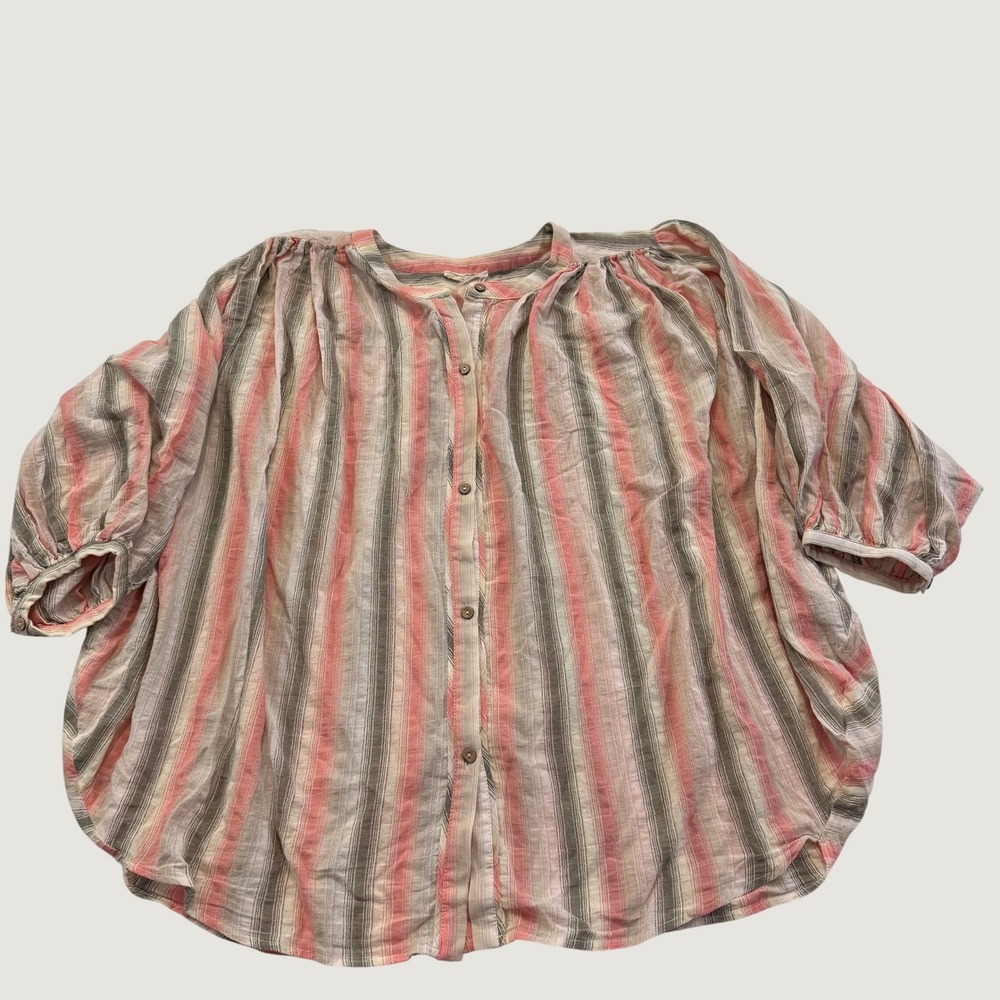 Easel Los Angeles Striped Cotton Gauze Oversized Blouse Top Pink Green Large